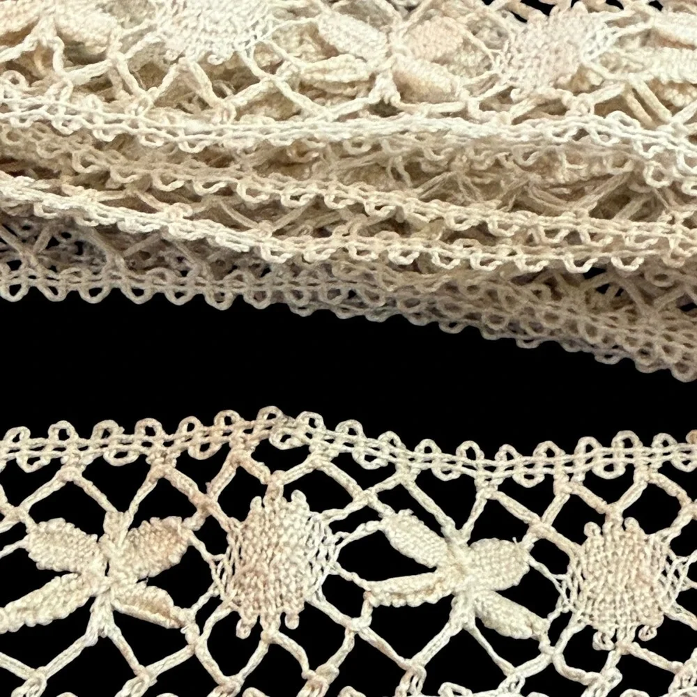Vintage Handmade Bobbin Lace Trim Insertion Ecru Cotton 1in Wide 60in 1.6 Yards